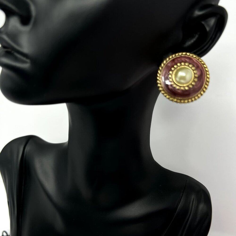 Earrings Round Pearl Like Dome Rope Clip On Vintage VTG Fashion 60s 70s 80s